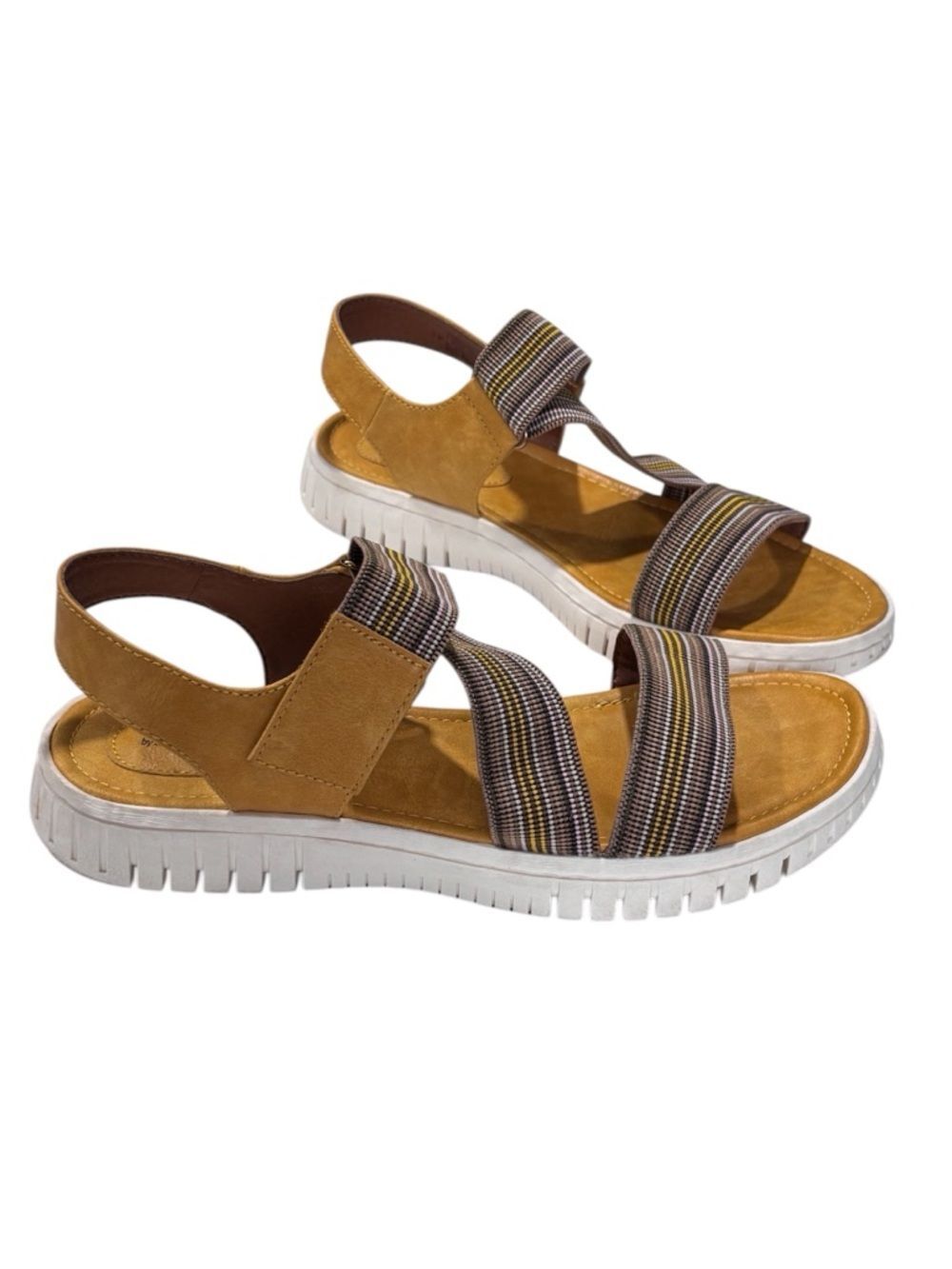 Sofft Yellow Vegan Leather Striped Strappy Sandals with Brown Insole Women’s 9M